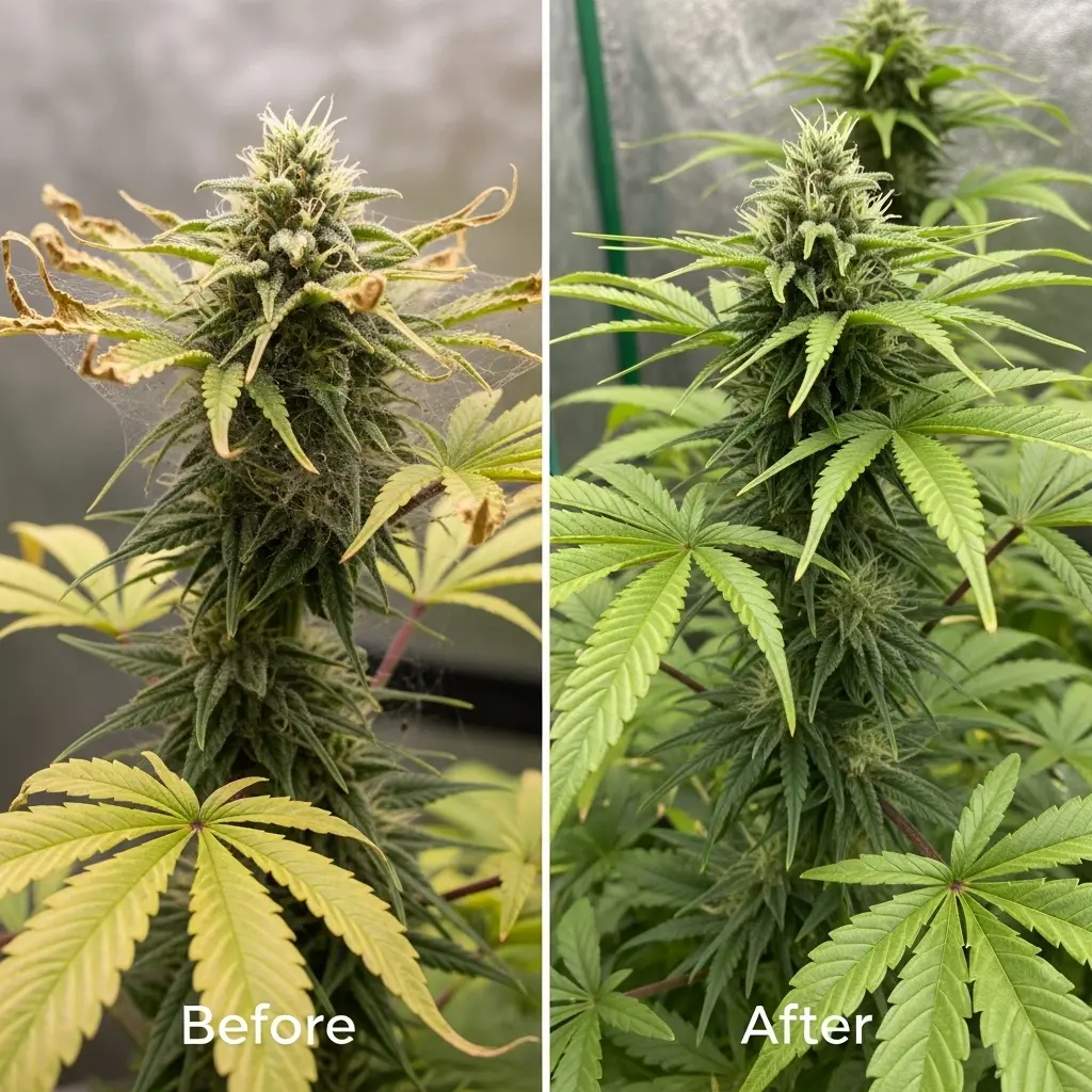 Before and after images showing a successful spider mite treatment on cannabis plants