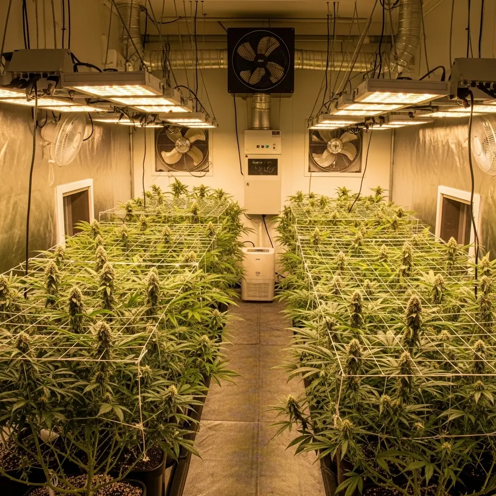 Well-organized cannabis grow room showing proper air circulation, humidity control, and healthy plants