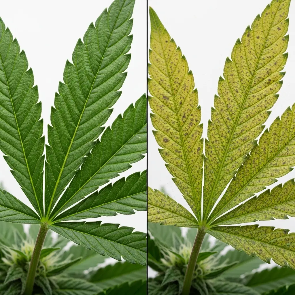 Side-by-side comparison showing healthy cannabis leaves versus leaves with early spider mite damage