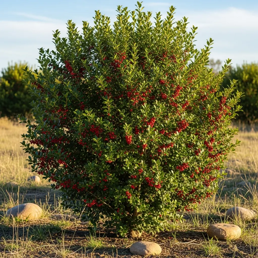 Image 1: A mature yaupon holly with dense evergreen foliage, growing naturally in a sunny landscape