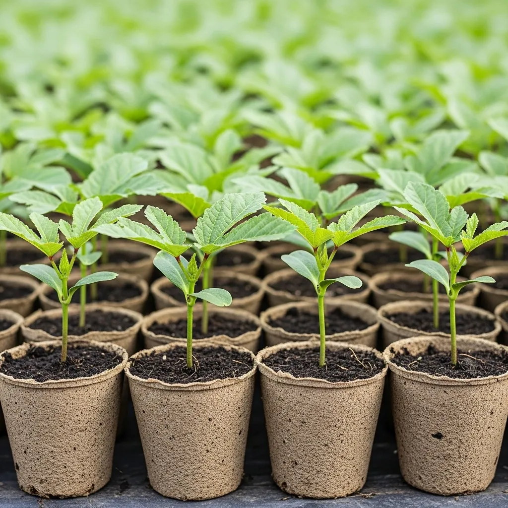 Image 1: Okra seedlings in biodegradable pots ready for transplanting, showing healthy green leaves