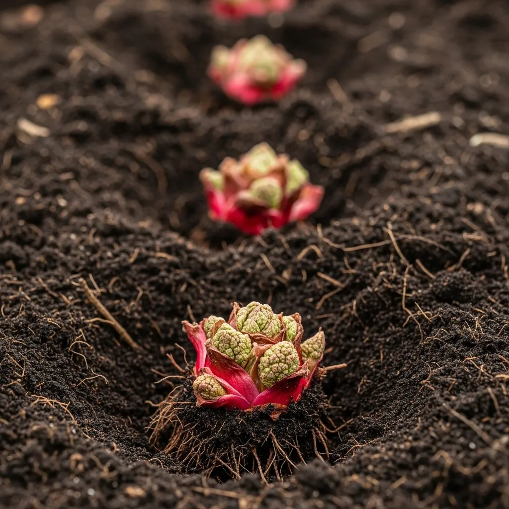 close-up of rhubarb crowns being planted in well-prepared soil, showing the proper planting depth and spacing. The image should demonstrate the thick, fleshy root system and growing buds (eyes) that will become next year's stalks