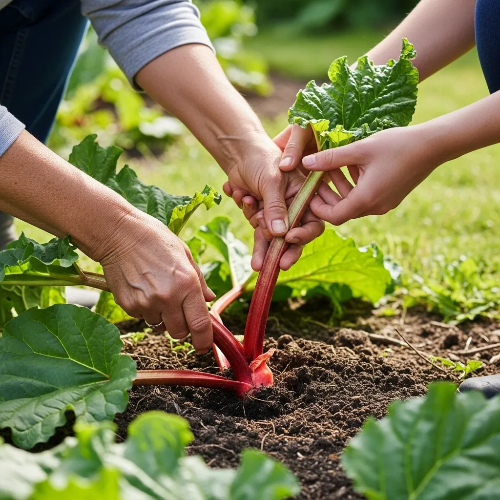 Hands demonstrating the proper harvesting technique for rhubarb stalks: grasping and pulling with a twisting motion. Mature stalks ready for harvest are shown, with younger stalks left to grow.