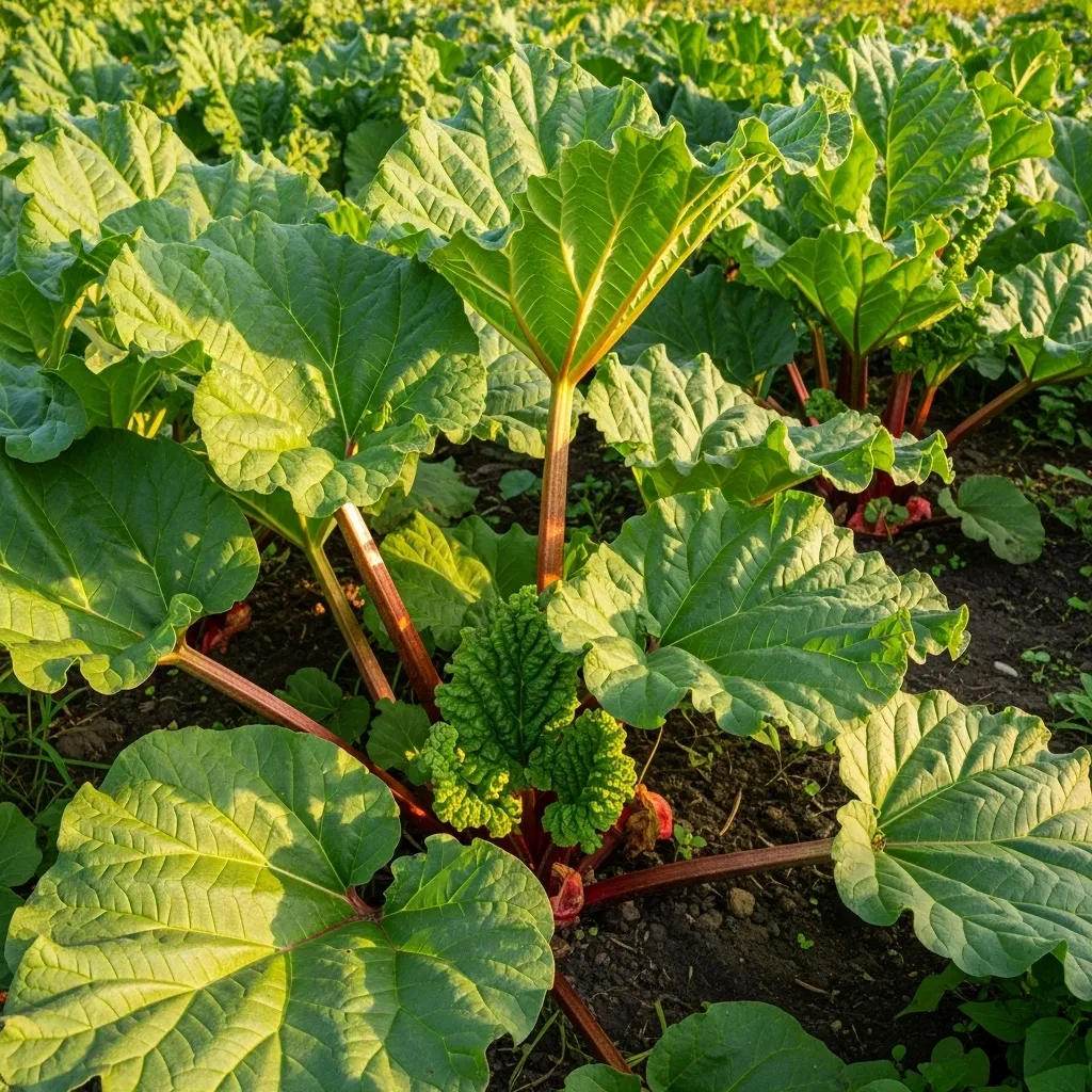 Image 1: A thriving rhubarb patch showing mature plants with large green leaves and thick, colorful stalks ready for harvest. The image should capture the impressive size and lush appearance of well-established rhubarb plants