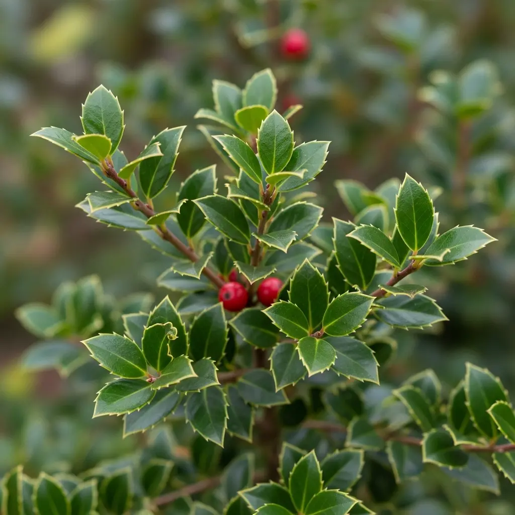 Image 2: Close-up of yaupon holly's small, serrated leaves and compact branching structure